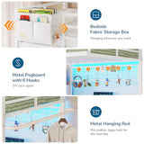Twin Loft Bed with L-Shaped Desk, 7 Storage Drawers, Metal Loft Bed Twin Size with LED Lights and Charging Station, Storage Shelf and Pegboard, Safety Guardrail and Ladder, No Box Spring Needed, White mojiasion