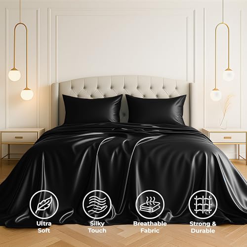 Satin Sheets Queen [4-Piece, Black] Hotel Luxury Silky Bed Sheets - Extra Soft 1800 Microfiber Sheet Set, Wrinkle, Fade, Stain Resistant - Deep Pocket Fitted Sheet, Flat Sheet, Pillow Cases Pure Bedding
