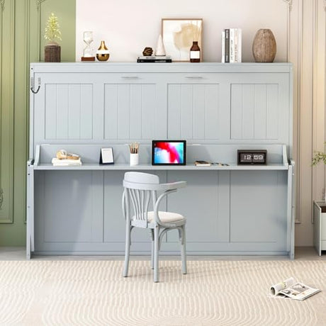 Bekeknlny Queen Size Murphy Bed with Hydraulic Lift & Desk Design, Wood Wall Bed Muti-Functional Designed for Guest Room Home Office (Gray/H, Queen) Bekeknlny