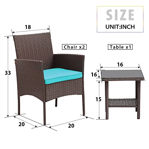 FDW 3 Piece Outdoor Furniture Set Patio Brown Wicker Chairs Furniture Bistro Conversation Set 2 Rattan Chairs with Blue Cushions and Glass Coffee Table for Porch Lawn Garden Balcony Backyard FDW