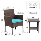 FDW 3 Piece Outdoor Furniture Set Patio Brown Wicker Chairs Furniture Bistro Conversation Set 2 Rattan Chairs with Blue Cushions and Glass Coffee Table for Porch Lawn Garden Balcony Backyard FDW