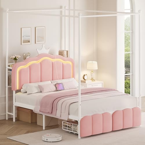 Full Velvet Upholstered LED Canopy Bed Frame with 2 Storage Drawers and Charging Station, Crown Headboard with Bookshelf, Two-Use Princess Platform Bed with 4 Removable Posts,Metal Slats Support-Pink Jocoevol