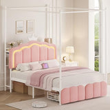 Full Velvet Upholstered LED Canopy Bed Frame with 2 Storage Drawers and Charging Station, Crown Headboard with Bookshelf, Two-Use Princess Platform Bed with 4 Removable Posts,Metal Slats Support-Pink Jocoevol