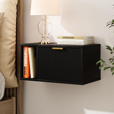 Masupu Floating Nightstand, Wall Mounted Floating Bedside Table with Storage Drawer and Open Shelf, Modern Bedroom Nightstand, 19.3" x 11.4" x 10", Black