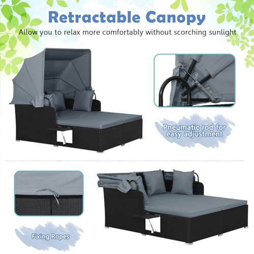 Salches Outdoor Rattan Daybed with Retractable Canopy, High-Resilient Soft Cushions, Foldable Side Trays, Outdoor Bed Loveseat for Garden, Backyard, Porch (Gray) Generic