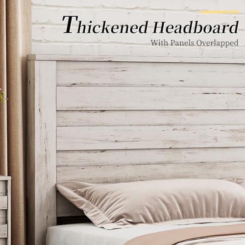 LUXOAK Distressed White Farmhouse Queen Bed Frame with 49" Tall Headboard and Hidden Metal Support LUXOAK