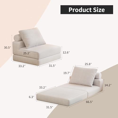 Lumbershed Folding Sofa Bed, 3-in-1 Convertible Sleeper Chair Bed with Pillows, Foldable Floor Couch with High-Density Foam, Futon Small Boneless Couch for Living Room Bedroom Lounge, Single, White Lumbershed