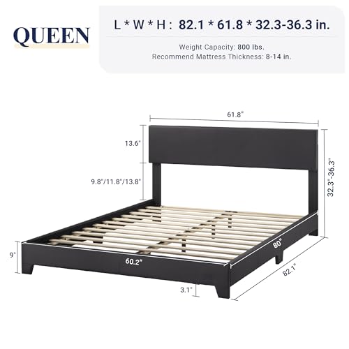 Allewie Queen Bed Frame with Adjustable Headboard, Faux Leather Platform Bed with Wood Slats, Heavy Duty Mattress Foundation, No Box Spring Needed, Noise-Free, Easy Assembly, Black Allewie