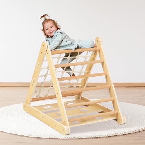 OOOK 3 in 1 Climbing Toy for Toddlers, 3-Side Kids Climbing Triangle Ladder, Climbing Net & Board, Wooden Montessori Climbing Toys for Toddlers Daycare, Gym & Playground, Gift for Boys Girls