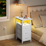 Vagusicc Set of 2 White Nightstand with Charging Station and LED Lights, Narrow End Table, LED Night Stand with 3 Fabric Drawers for Bedroom, Small Bedside Table, Narrow Side Table for Small Spaces Vagusicc