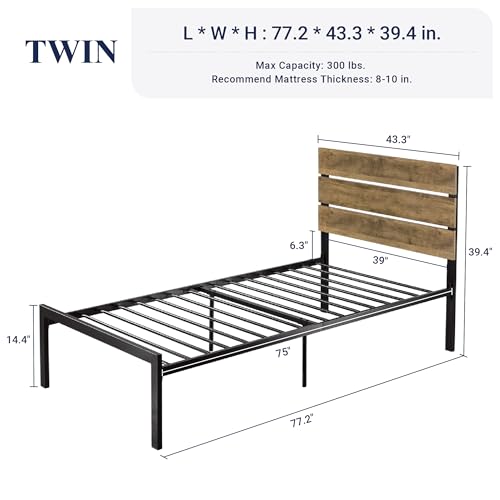 Allewie Twin Size Rustic Platform Bed Frame with Wood Headboard and Metal Slats - Light Brown - WoodArtSupply