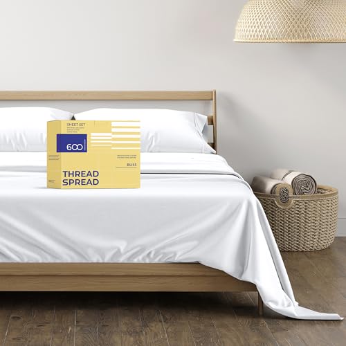 THREAD SPREAD 100% Egyptian Cotton Sheets Full Size - 600 Thread Count White Sheet, 4 PC 16" Deep Pocket Full Size Sheets Sets, High Thread Count Soft Cooling Sateen Weave Cotton Hotel Luxury Sheet THREAD SPREAD
