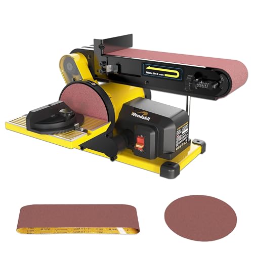 Woodskil 4.3A Belt Sander, 4 x 36 in. Belt & 6 in. Disc Sander, Double Dust Exhaust Port, Steel Base, 2Pcs Sandpapers Included Woodskil