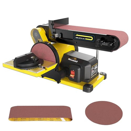 Woodskil 4.3A Belt Sander, 4 x 36 in. Belt & 6 in. Disc Sander, Double Dust Exhaust Port, Steel Base, 2Pcs Sandpapers Included Woodskil