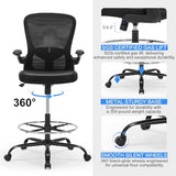OLYFING Ergonomic Drafting Chair, Standing Desk Chair with Lumbar Support Tall Office Chair with Flip-Up Arms Footrest Ring, Breathable Mesh High Desk Chair with PU Leather Seat Cushion, Black OLYFING