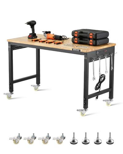 VEVOR Adjustable Workbench, 48-Inch Work Bench with Power Outlet, Wheels, and Pegboard, 2000 lbs Load Heavy Duty Oak Wood Top Work Table for Garage, Workshop, Office, and Home VEVOR