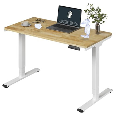 FlexiSpot E6 Solid Wood 3-Stage Dual Motor 48 x 24 Electric Standing Desk, Holds 220 lbs, Adjustable Height w/ Memory Presets, Butcher Block Rubberwood Desktop & White Frame, Ships in 2 Boxes