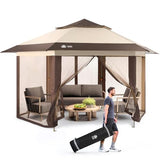 CROWN SHADES 13x13 Pop Up Gazebo with Mosquito Nettings, Patented Center Lock 6-Sided Portable Gazebo, 300D Silver-Coated Fabric UV Resistant, Pop Up Canopy Tent for Patio, Party, Beige&Coffee CROWN SHADES