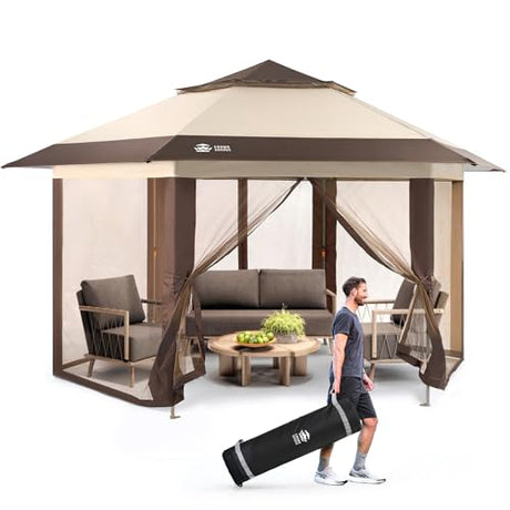 CROWN SHADES 13x13 Pop Up Gazebo with Mosquito Nettings, Patented Center Lock 6-Sided Portable Gazebo, 300D Silver-Coated Fabric UV Resistant, Pop Up Canopy Tent for Patio, Party, Beige&Coffee CROWN SHADES