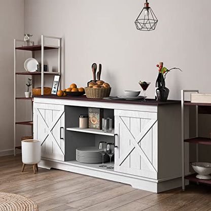 YITAHOME Buffet Cabinet, 59" Farmhouse Sideboard Buffet Storage Cabinet with Barn Door, Coffee Bar Cabinet with Capacity 300 lbs for Home Dinning Living Room, Grey White/Espresso, 26" Height