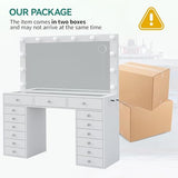 FUSOU 15 Drawers Vanity with Mirror and 12 LED Lights, Makeup Vanity with Charging Station, 3 Color Modes Adjustable Brightness, Glass Top Vanity Desk with Stool for Bedroom, White FUSOU