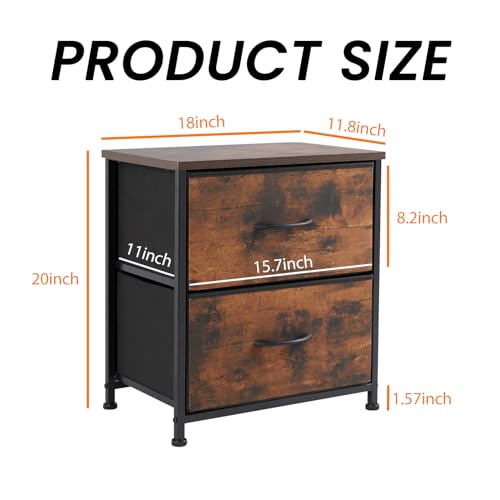 Sweetcrispy Nightstand with 2 Storage Drawers, 20" Height End Tabl Small Bed Side Furniture, Wooden Top Fabric Cabinet Kids Night Stand Mini Dresser for Bedroom, Closet, Entryway, College Dorm, Brown Sweetcrispy