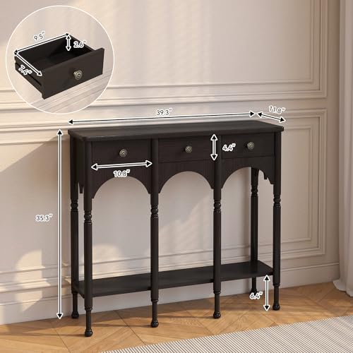 Topbele Console Table with 2 Drawers & Shelf, 40" Mid-Century Modern Entryway Table, Retro 2-Tier Sofa Table, Wooden Accent Table for Living Room, Hallway, Black Topbele