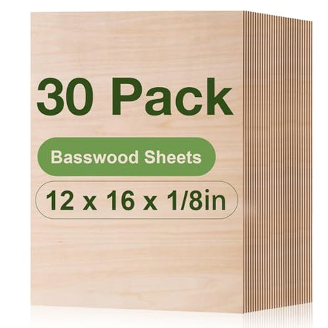 ROBOTIME 30-Pack Basswood Sheets 1/8" x 12" x 16" - Laser Engraving Blanks, 3mm Wood for Laser Cutting and Engraving ROBOTIME