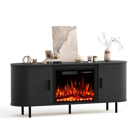BREEZEHEAT 65'' Mid Century Modern Fluted TV Stand with 23" Fireplace, Curved Fireplace Entertainment Center for TVs Up to 75 Inches, Black Media Console Cabinet for Living Room BREEZEHEAT