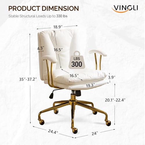 VINGLI Home Office Desk Chair Comfy with Wheels & Removable Armrests,Gold Base Vanity Chair with Back, Adjustable Rolling Swivel Computer Task Chair for Study,Makeup,Office,Bedroom,PU Leather,White VINGLI