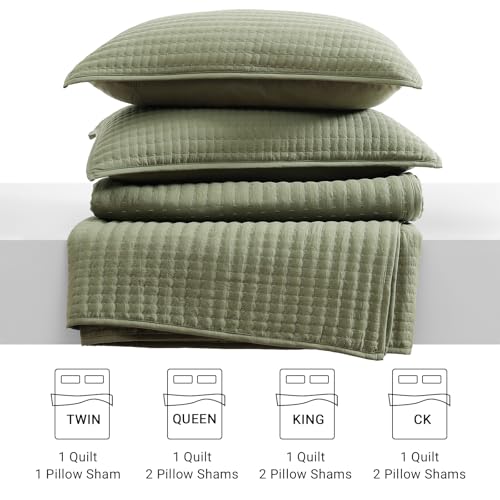 WRENSONGE King Size Quilt-3 Pieces Lightweight Bedspreads Olive Green King Quilt Bedding Set for All Seasons, Soft Summer Coverlet with 2 Pillow Shams Suitable for Bed, Couch, Quilt Blanket WRENSONGE