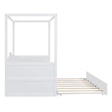LLS Twin Canopy Bed with Trundle, Solid Wood Day Bed Frame with Headboard, Footboard and Backrest, Four-Poster Sofa Bed with Sturdy Slats Support for Boys Girls Adults, No Box Spring Needed, White LLS