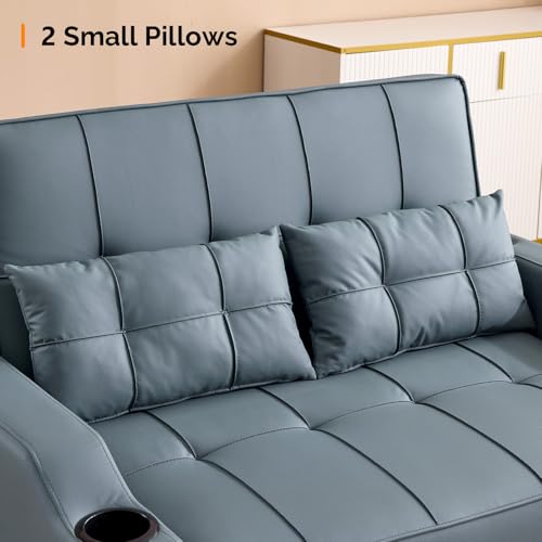 VINGLI Convertible Loveseat Sleeper, Blue Grey Faux Leather Futon Sofa Bed Pullout Couch Bed with USB Ports, Cup Holders, Armrest for Living Room, Bedroom, Home Office Apartment VINGLI
