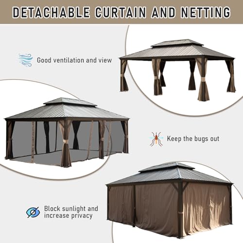 Domi Hardtop Gazebo 14x20FT, Outdoor Gazebo with Galvanized Steel Double Roof, Aluminum Frame, Built-in Gutter System, Curtain and Netting, Metal Gazebo Pavilion for Patio Deck Garden, Brown - WoodArtSupply