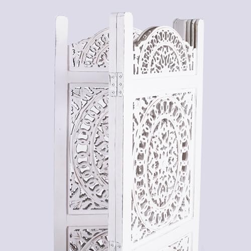 Lightnpro 4-Panel Wooden Room Divider 48 × 64 Inch Antique White Finish - Hand-Carved Oval Folding Privacy Screen, Pre-Assembled Decorative Partition for Living Room, Bedroom & Home Office Light & Pro