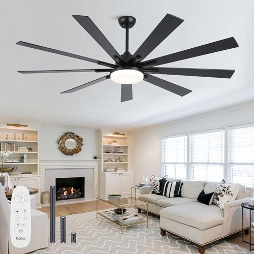 POCHFAN 72 inch Large Ceiling Fans with Lights and Remote Control, Modern Black Ceiling fan with 9 Wooden Blades for Kitchen Living Room Patio, Quiet DC Motor, 3 CCT Dimmable,6 Speed POCHFAN