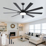 POCHFAN 72 inch Large Ceiling Fans with Lights and Remote Control, Modern Black Ceiling fan with 9 Wooden Blades for Kitchen Living Room Patio, Quiet DC Motor, 3 CCT Dimmable,6 Speed POCHFAN
