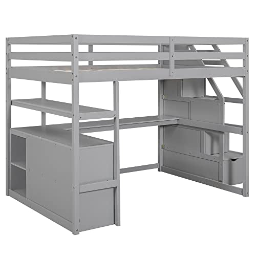 Acosure Full Size Loft Bed with Desk and Shelves,Multifunctionl Bedroom Bed Frame w/ 2 Built-in Drawers & Storage Staircase,Solid Wood Slats Support,for Kid Adult Boy Girl Teen,Grey