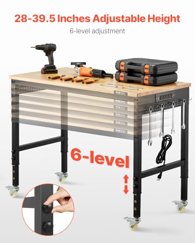 VEVOR Adjustable Workbench, 48-Inch Work Bench with Power Outlet, Wheels, and Pegboard, 2000 lbs Load Heavy Duty Oak Wood Top Work Table for Garage, Workshop, Office, and Home VEVOR