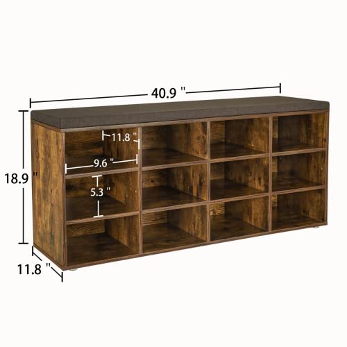 DINZI LVJ Shoe Storage Bench with Cushion, Cubby Shoe Rack with 12 Cubbies, Adjustable Shelves, Multifunctional Shoe Organizer Bench for Entryway, Mudroom, Hallway, Closet and Garage, Rustic Brown DINZI LVJ