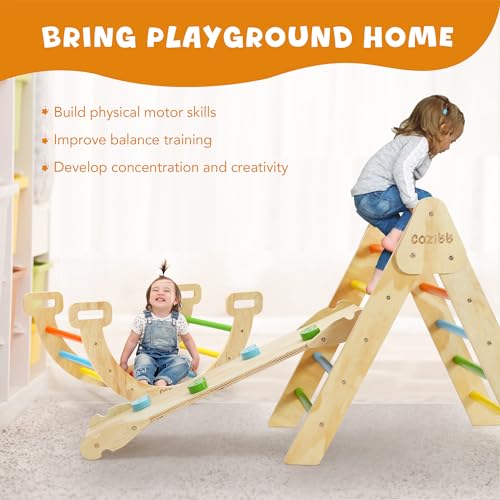 CoziBB Pikler Triangle Set, 5 in 1 Rainbow Baby Montessori Climbing Toys, Indoor Playground for Kids, Foldable Indoor Climbing Toys with Ramp, Arch Climber, Baby Climbing Toys for Toddlers 1-3