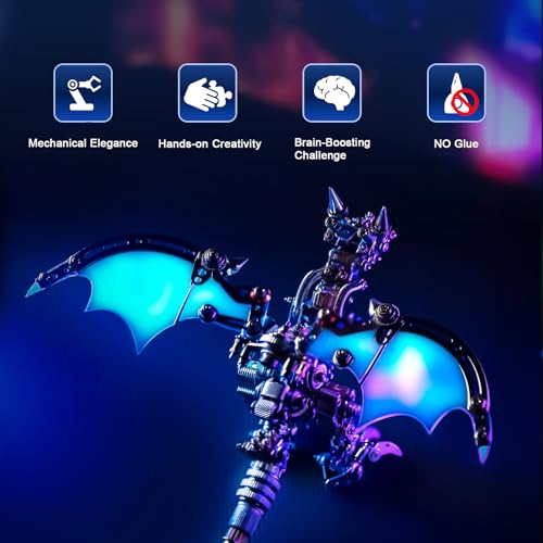 Arcynix Mostarle Reno Blue Dragon 3D Metal Puzzle Kit, 613 Pieces, Magnetic Assembly, LED Light-Up Color Changing Wings, Adjustable Display, DIY Mechanical Model for Advanced Builders Collectors