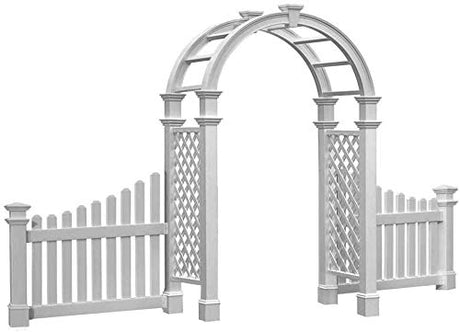 Vita New England Nantucket Legacy Arbor with Trim & Cottage Picket Wings - 60" W x 102.2" H Vinyl Garden Arch Arbor, Garden Fence with Gate, Wedding Arches for Ceremony, Outdoor Arbor with Gate BestNest
