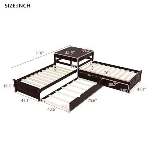 Harper & Bright Designs L-Shaped Platform Bed Frame with Trundle and Drawers Linked with Built-in Desk for Kids Boys Girls, Twin, Espresso Harper & Bright Designs