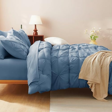 CozyLux King Size Comforter Set Grayish Blue, 7 Pieces Pintuck Bed in A Bag Blue Comforter King Size, Pinch Pleat Bedding Set with All Season Comforter, Sheets, Pillowcases & Shams CozyLux