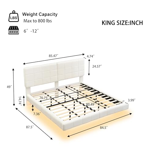 Merax King Size White Boucle Upholstered Platform Bed with Tall Headboard, Modern Floating Bed Frame with LED Lights for Bedroom, Solid Wood Slats Support, No Box Spring Needed, Easy Assembly Merax