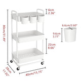JIUYOTREE 3-Tier Plastic Rolling Storage Cart Utility Cart with Extra Hanging Cups Handles Lockable Wheels for Living Room Bathroom Kitchen Office White JIUYOTREE