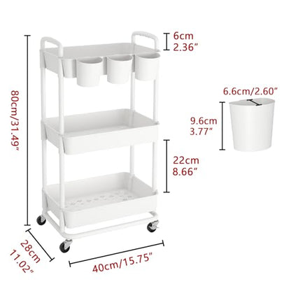 JIUYOTREE 3-Tier Plastic Rolling Storage Cart Utility Cart with Extra Hanging Cups Handles Lockable Wheels for Living Room Bathroom Kitchen Office White - WoodArtSupply