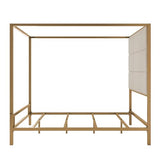 Merax Queen Size Gold Metal Canopy Bed Frame, 76.5" Tall Linen Upholstered Headboard, 4-Poster Bed with 800 lbs Capacity, Box Spring Required for Bedroom, Gold+Tan