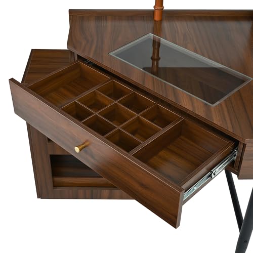 XD Designs Corner Vanity Desk Set with Storage Cushioned Stool, Triangle Makeup Desk with Removable Pull-Out Side Cabinet, Visible Glass Tabletop, Drawer and Charging Station (Walnut-9.8) XD Designs